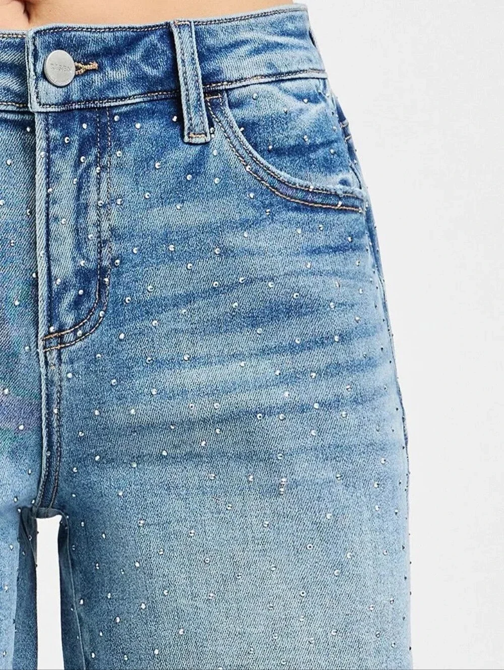 Risen Rhinestone Speckled Baggy Raw Hem Mid Length Weekend Sparkle Denim Shorts